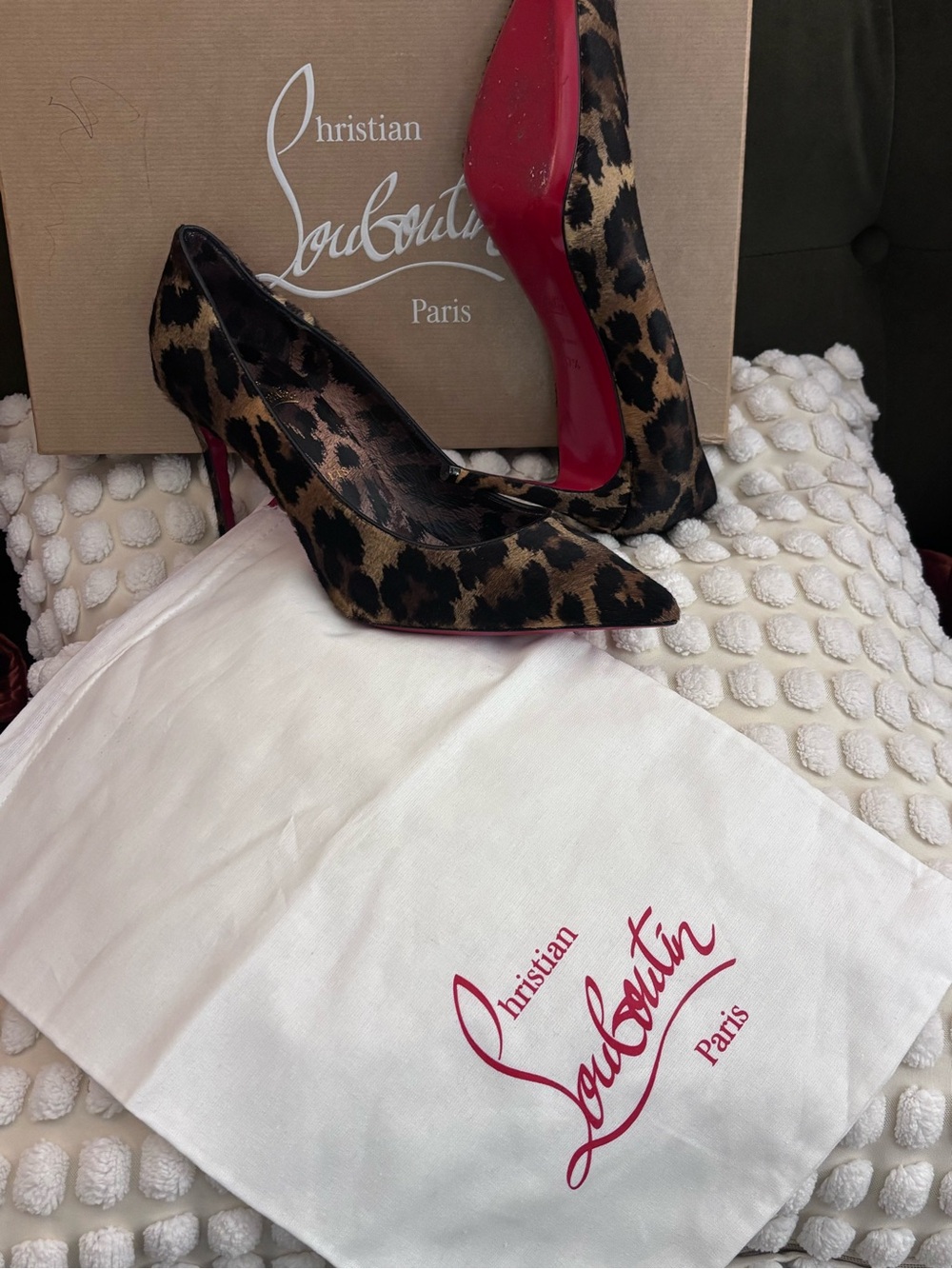 Christian Louboutin Leopard Print Pointed Toe Stiletto Pumps with Red Sole